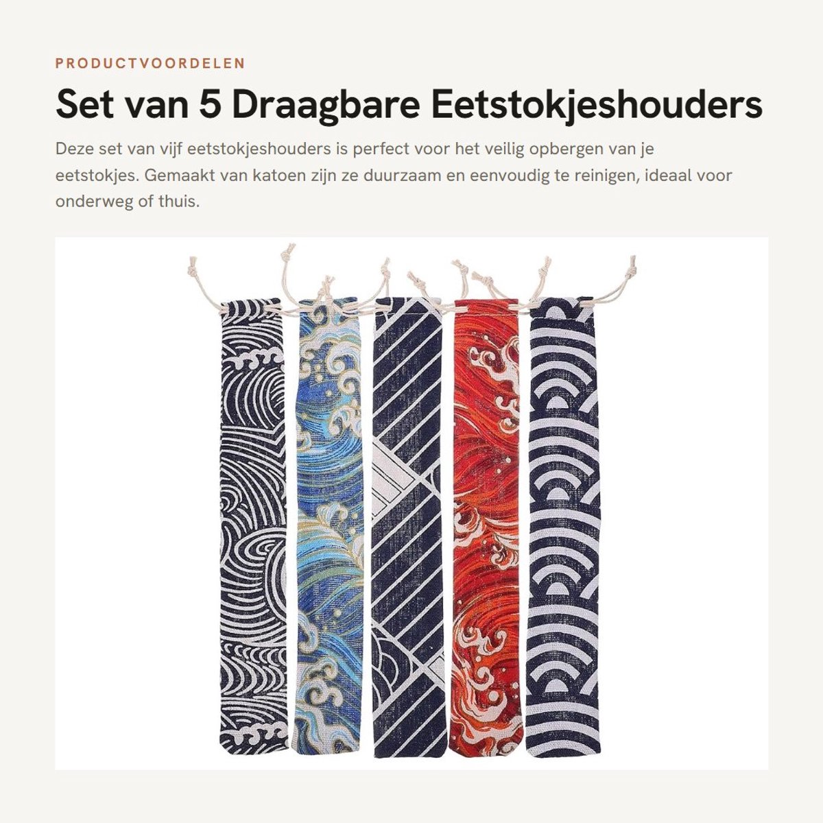 Dailygoods- Eetstokjeshouder Draagbaar - 5 Stuks - Serviestas - Trekkoord - Katoen - 25.50X3.80X1.00CM - Bestekzak