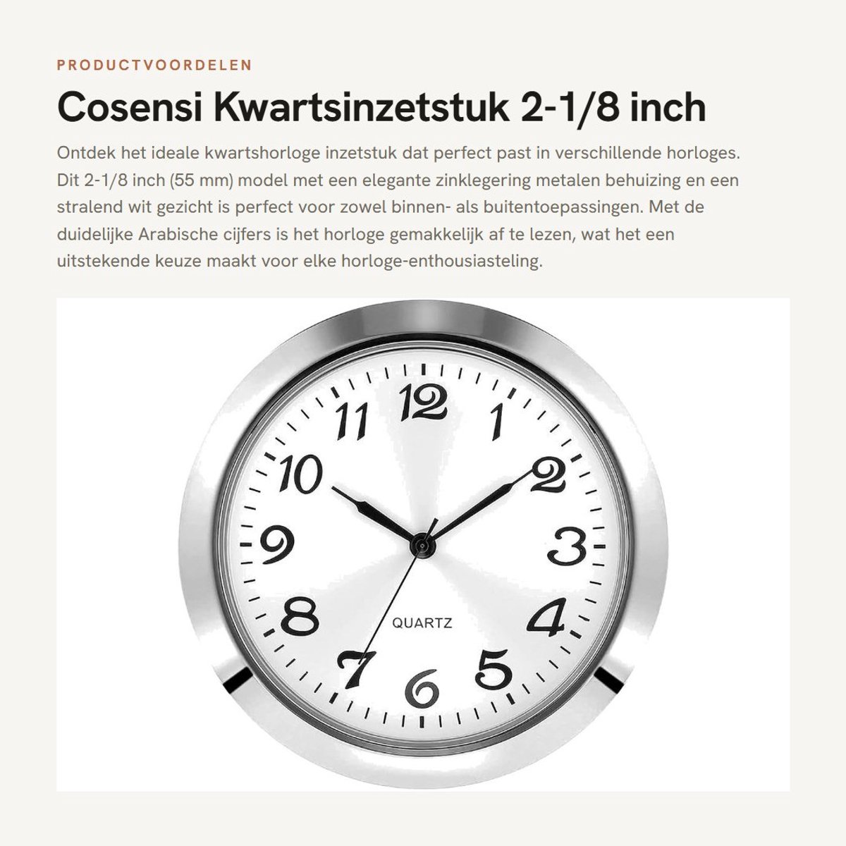 Dailygoods - Kwartsinzetstuk 2-1/8 inch - Zinklegering Behuizing - Wit Gezicht - Arabische Cijfers - Perfect voor Horloges - Batterij Aangedreven