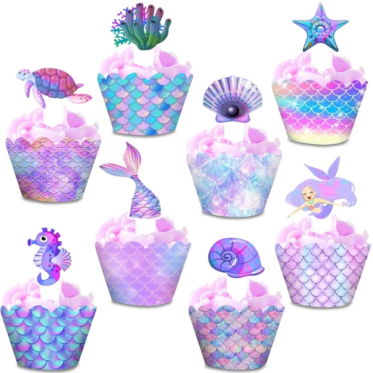 Dailygoods- Taartdecoratie 48-delig - Taarttopper - Cupcake-wrappers - Zeemeermin-thema - Verjaardagsdecoratie - Dromerig ontwerp - Taarttoppers