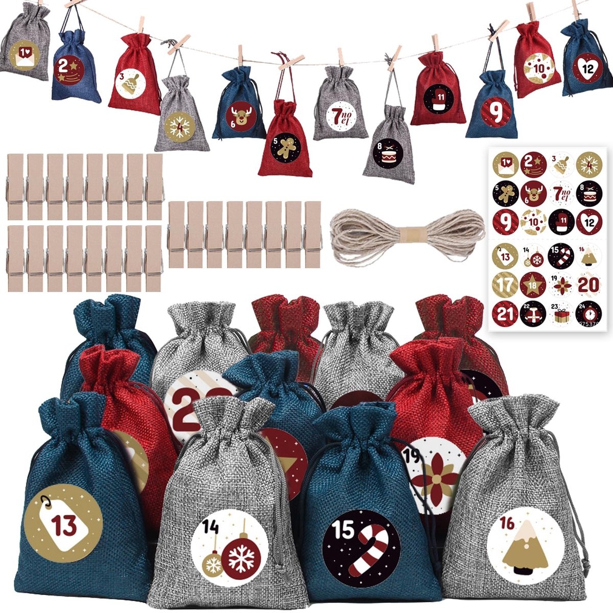 Dailygoods- Adventskalenderzakken 24 stuks - Jute Geschenktas - Doe-het-zelf Countdown - Kerstfeest - Sieraden/Haaraccessoires - Inclusief Stickers/Clips - Geschenkzakjes