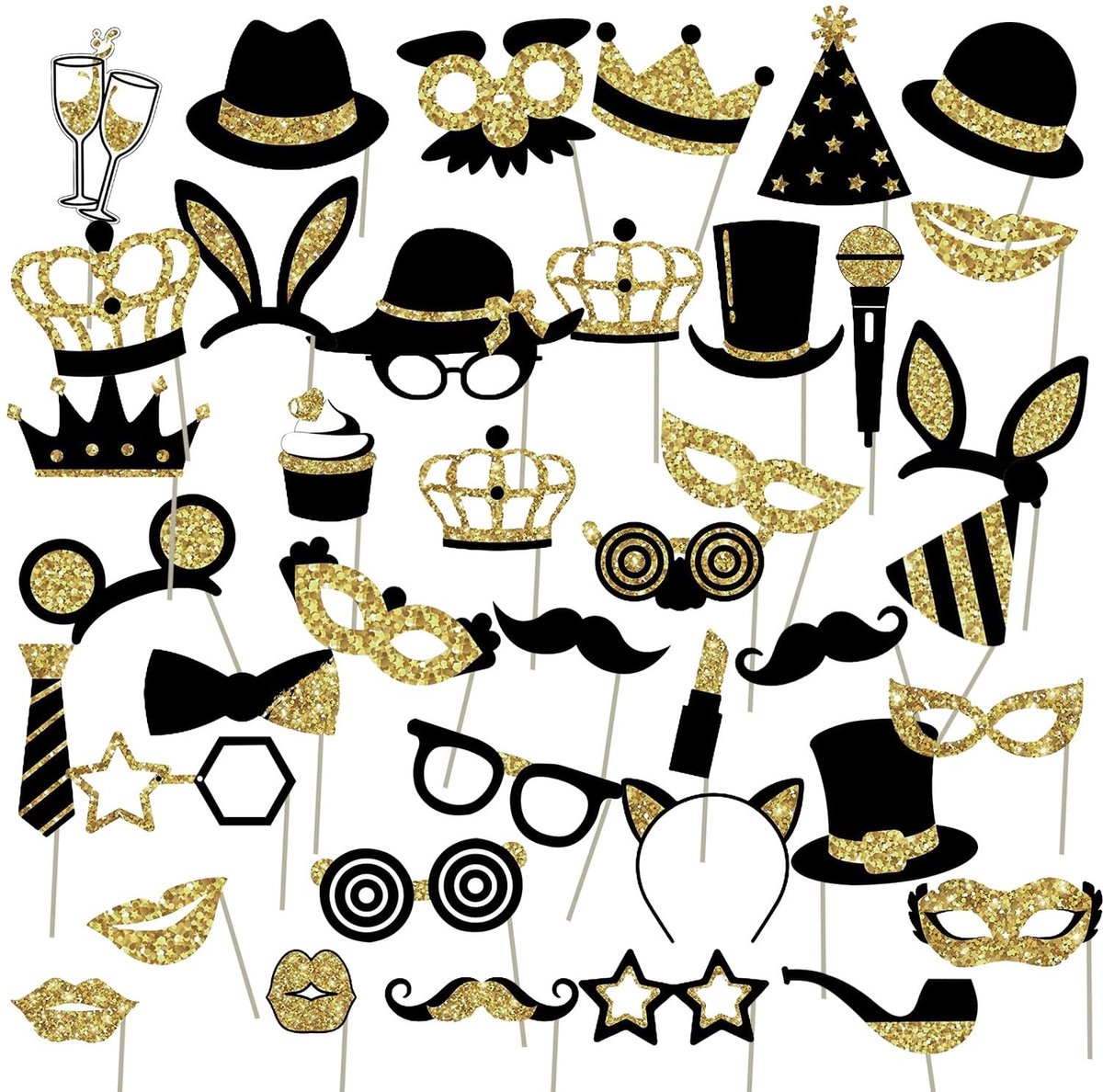 Dailygoods- Selfiebalaccessoires 40 Stuks - Foto-rekwisieten - Verjaardagsfeesten - Bruiloft - Zwart/Goud - Lichtgewicht/Duurzaam - Fotorekwisieten