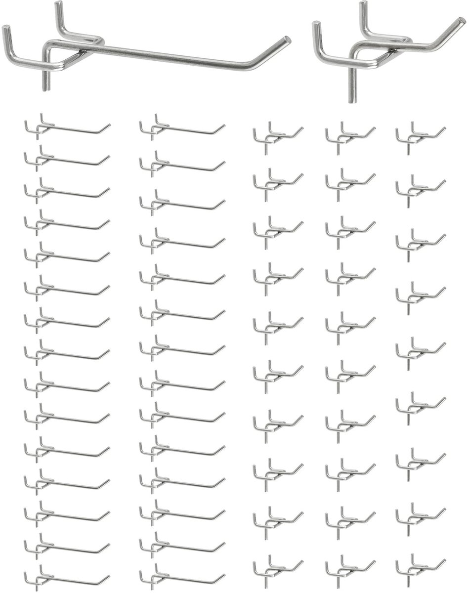 Dailygoods- Muurhaken 60 Stuks - Pegboardhaken - Gereedschapsmuurhaken - Roestvrij Staal - 5cm/10cm - Verchroomd oppervlak