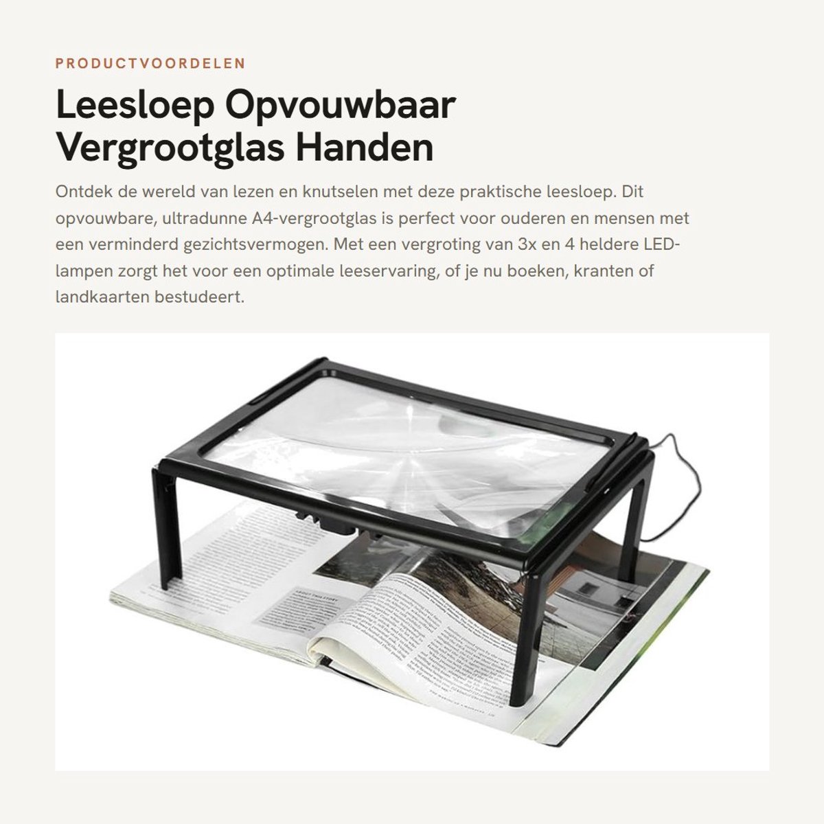 Dailygoods - Leesloep - Opvouwbaar Vergrootglas - Handen Vrij - Zwart - 3x Vergroting - Ideaal voor Ouderen en Hobbyisten - Inclusief LED Verlichting
