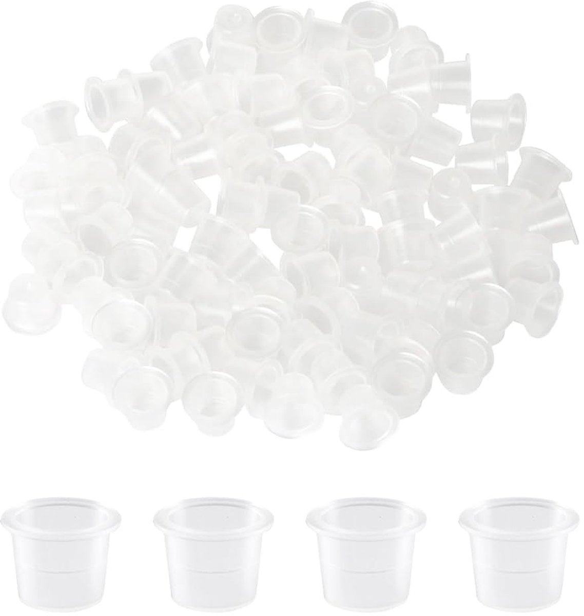 Dailygoods- Inktbekers 300 stuks - Plastic Pigmentbekers - Tatoeage Inktdoppen - Transparant - Praktisch voor Make-up - Afmetingen 1,2 cm x 0,9 cm