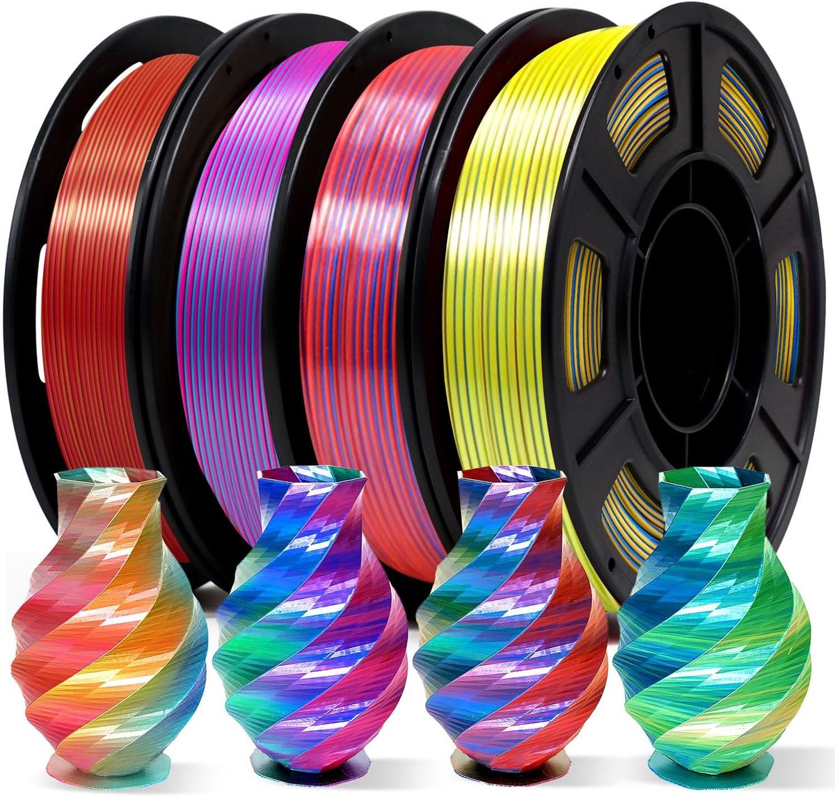3D Printer Filament Driekleurig Zijde PLA 1.75 mm - 4 x 250g Spoelpakket - Glanzend & Sterk