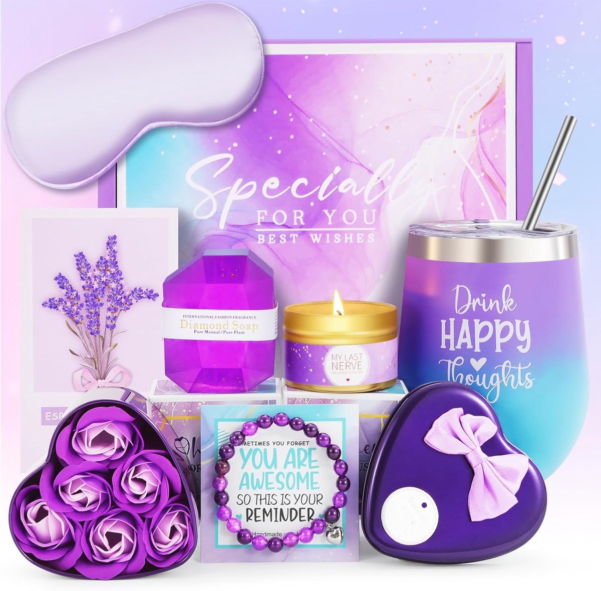 Cadeauset voor dames - Wellness set - Ontspanning en geluk - Paarse serie - 10 x 10 x 12 cm