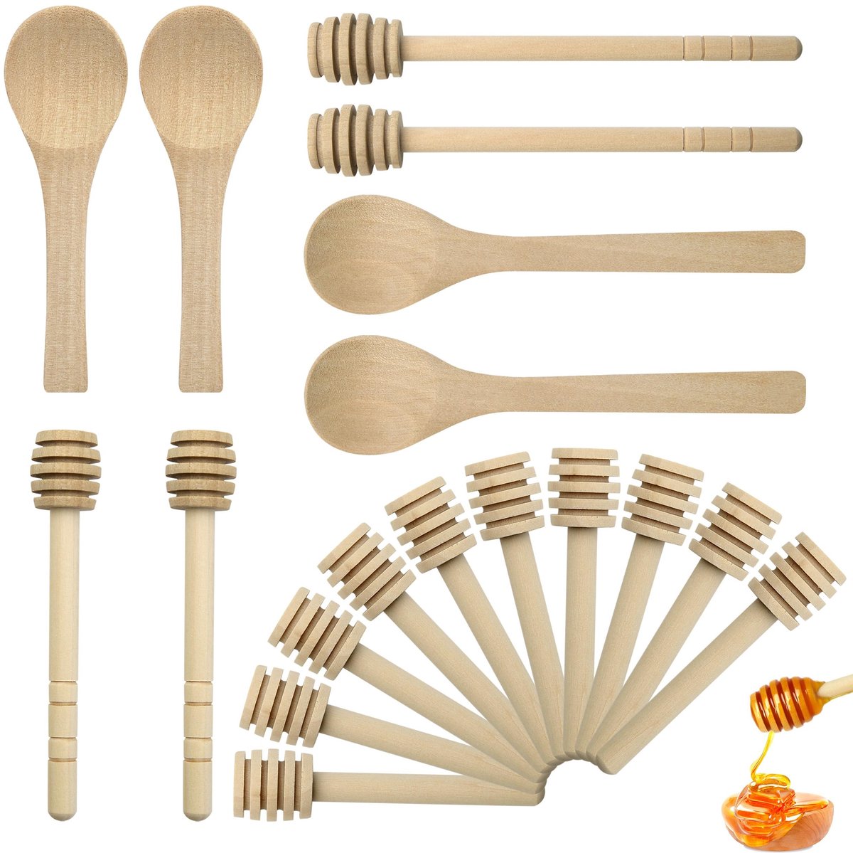 Dailygoods- Honingdipper Set - 2x 15cm/2x 10cm/10x 8cm - Houten Honinglepels - Antislip - Lichtgewicht - Duurzaam Materiaal - Honinglepel
