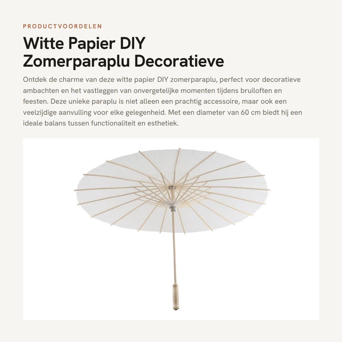 Dailygoods- Zomerparaplu Wit - Decoratieve Paraplu - DIY Ambachten - Bruidsfoto Accessoires - Rol Play Props - Diameter 60cm