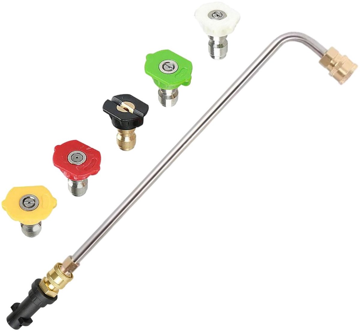 Dailygoods- Spuitlans 90°/30° gebogen - Hogedrukreiniger accessoires - Verlengingsstaaf - 5 sproeidusen - Roestvrij staal - Technisch koperkunststof