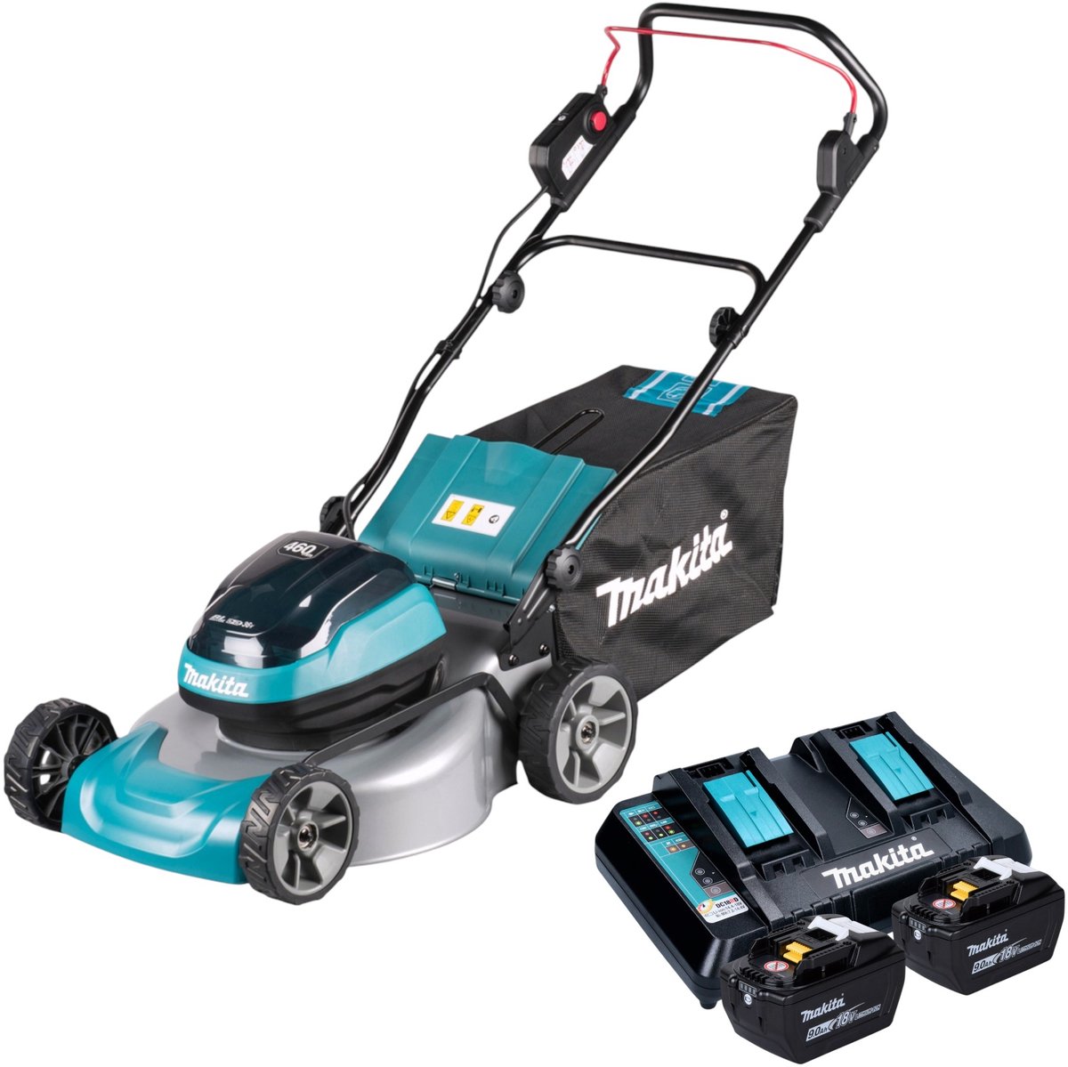 Makita DLM 466 Z accu-grasmaaier 36 V (2x 18 V) 46 cm borstelloos + 2x accu 9,0 Ah + oplader