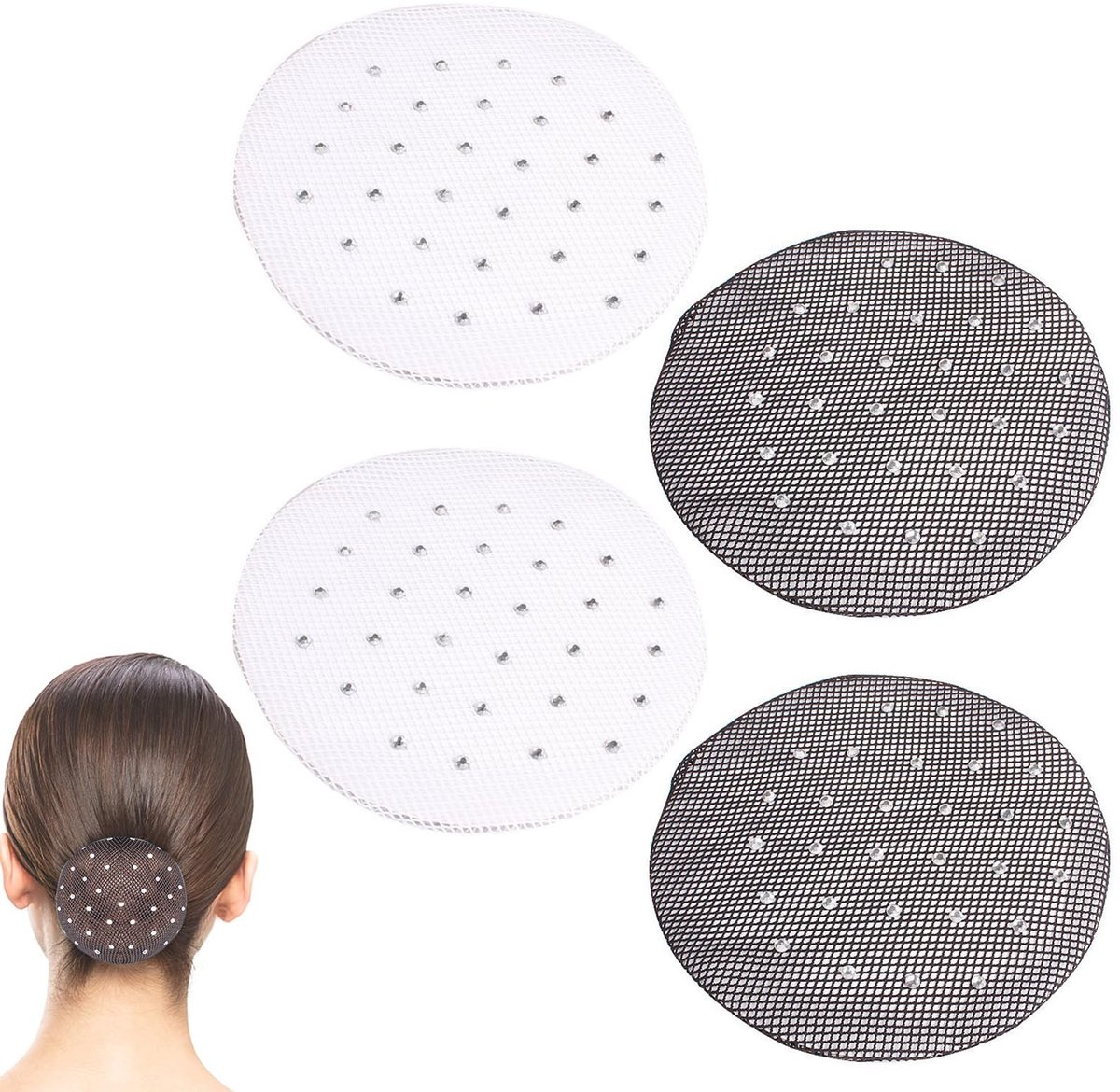 Dailygoods- Haarnetje Wegwerp 4-delig - 2 Zwart/2 Wit - Elastisch - Geschikt voor Kinderen/Volwassenen - Ideaal voor Ballet/Optredens - Lichtgewicht Nylon - Haarnetjes