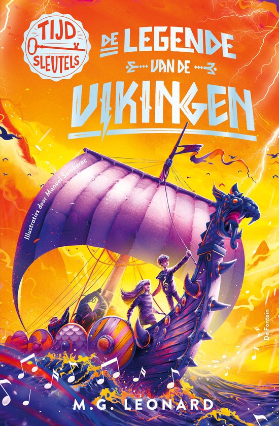 Kinderboek 'Tijdsleutels 2 - De legende van de Vikingen' met een levendige cover van een viking-langschip op een stormachtige zee, illustraties door Manuel Sumberac.