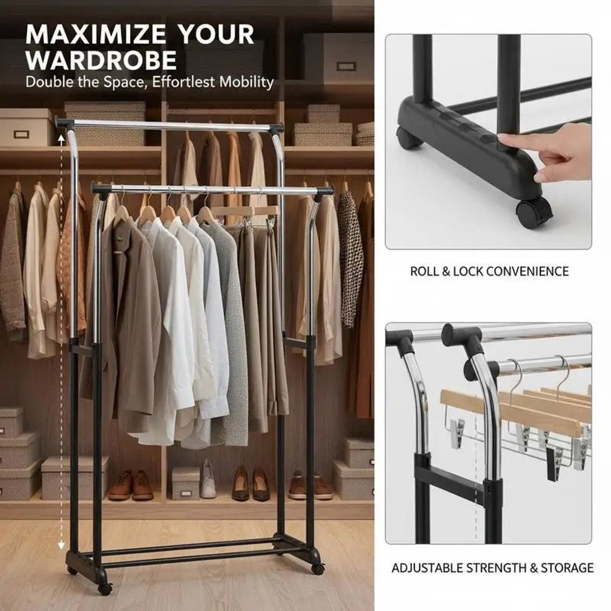 Dailygoods Rolbare kledingrek met dubbele stang en verstelbare hoogte