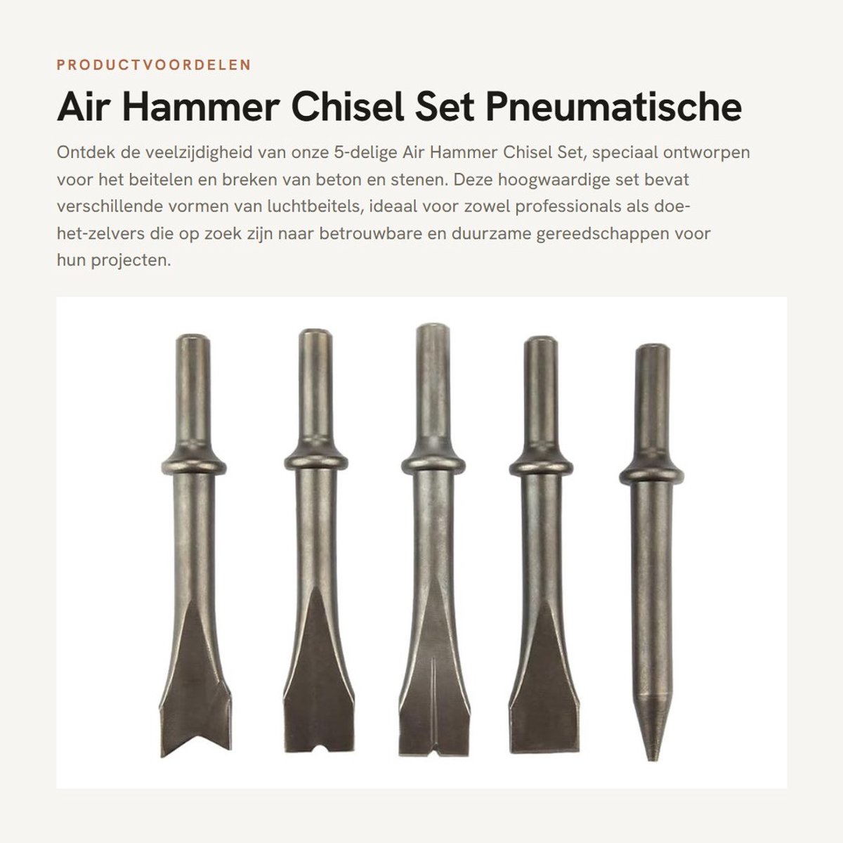 Dailygoods- Beitelset Houtbewerking - 5-delige Beitelset - Pneumatische Beitels - Chisels van Chroom-Molybdeen Staal - 125mm Lengte - Hoogwaardige Materialen - Luchtbeitel