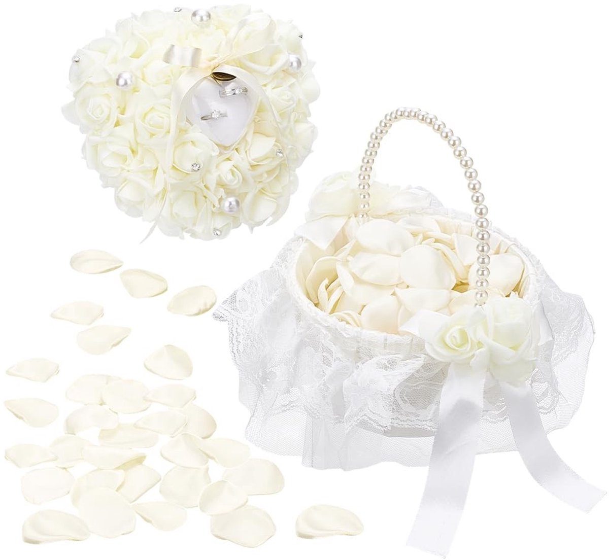 Dailygoods- Bruidsmeisje Mand - Set met Kralen - Kunstbloemblaadjes - Trouwkussen - Decoratie Accessoires - Beige Kleuren - Trouwaccessoires