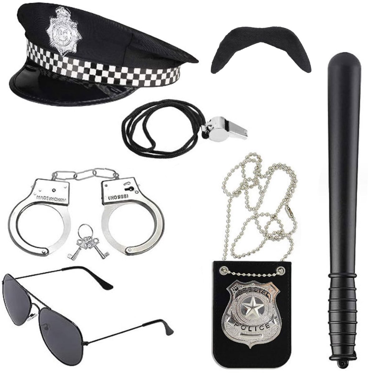Dailygoods- Politie Kostuum Kinderen - Politie Hoed - Politiehandboeien - Politiestokje - Politiebadgetas - Zonnebril - 7 Stuks Accessoires - Kostuumset