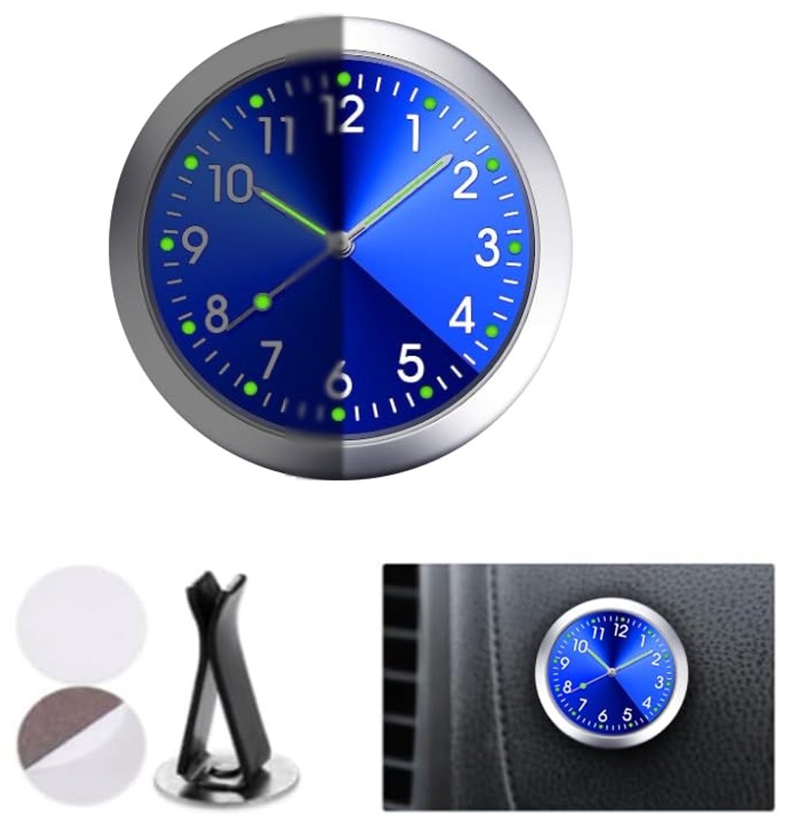 Dailygoods- Autoklok Lichtgevend - Dashboard Klokje - Zelfklevend - Ventilatieclip - Universeel - 4x0,8 cm Kwarts/Legering - Dashboard Klok