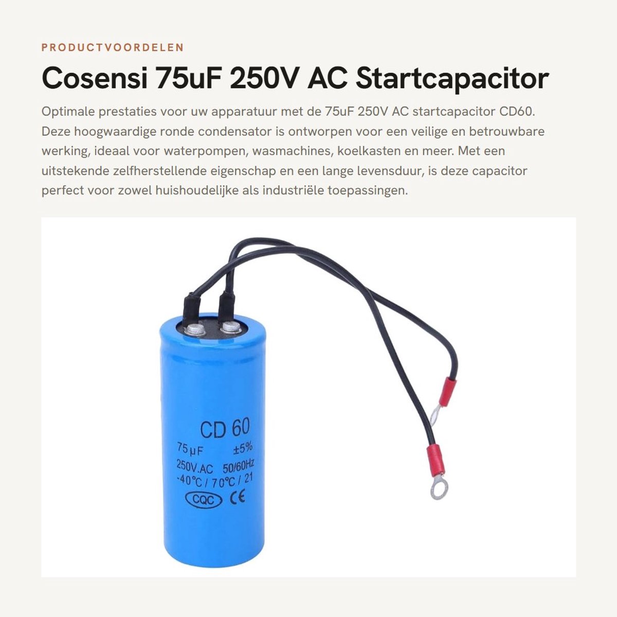 Dailygoods- Startcondensator 75uF 250V AC - CD60 - Anti-explosie ontwerp - Zelfherstellend - Bestand tegen pulsstroom - Lange levensduur - Condensator