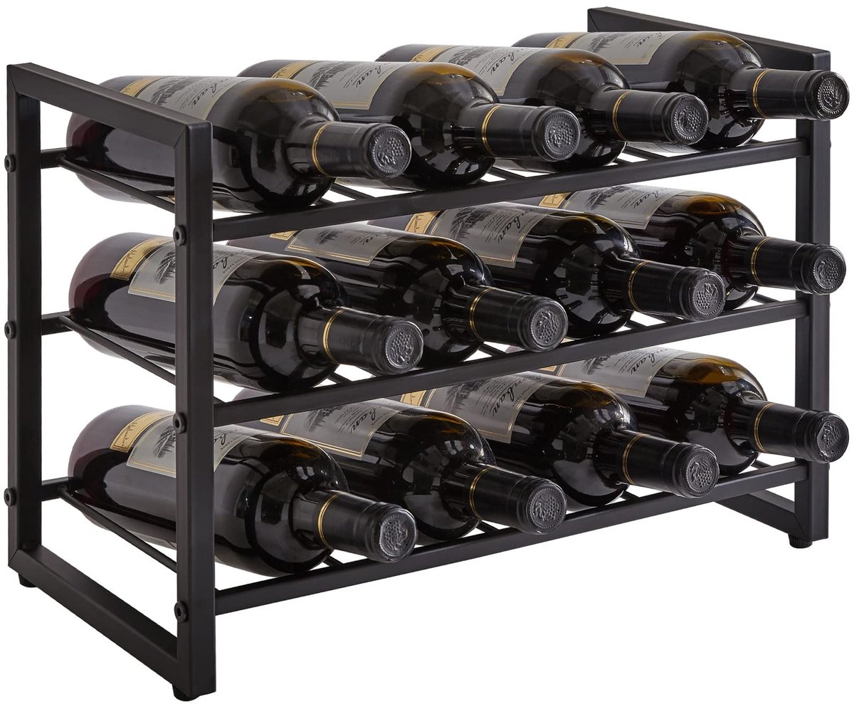 Dailygoods- Wijnopbergplank Stapelbaar - Wijnrek 3-laags voor 12 flessen - Wijnrek zwart - Wijnrek metaal - Wijnrek aanrechtmontage - Grote opslagruimte