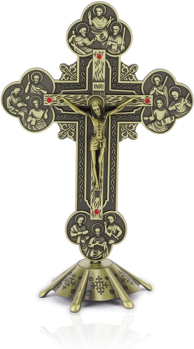 Dailygoods- Kruisbeeld Bronskleurig - Crucifix - Metalen Tafeldecoratie - Religieus Decoratiestuk - Retrostijl - Stabiele Sokkel