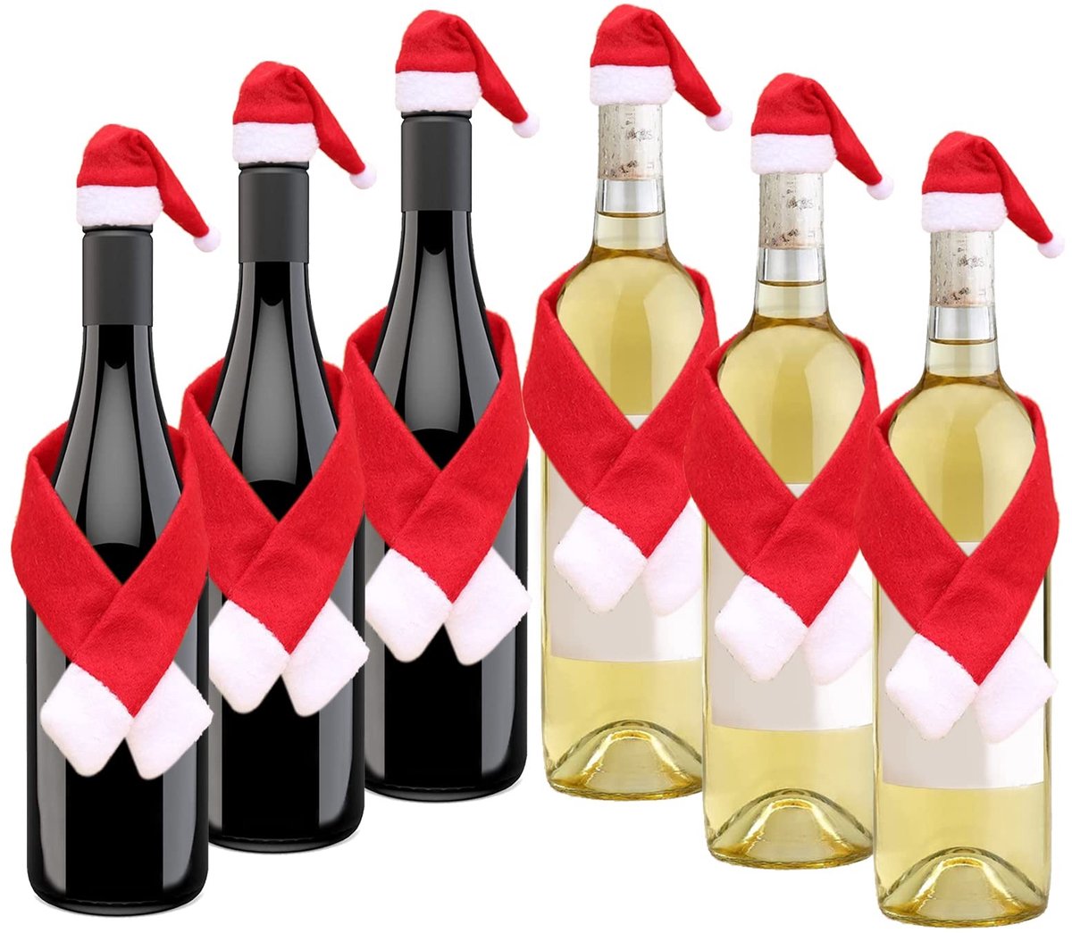 Dailygoods- Kerstflesversieringen Set van 6 - Kerstmutsen/Stropdas - Herbruikbaar - Tafeldecoratie - Duurzaam - Doekmateriaal - Perfect voor kerstfeest - Wijnflesdecoratie