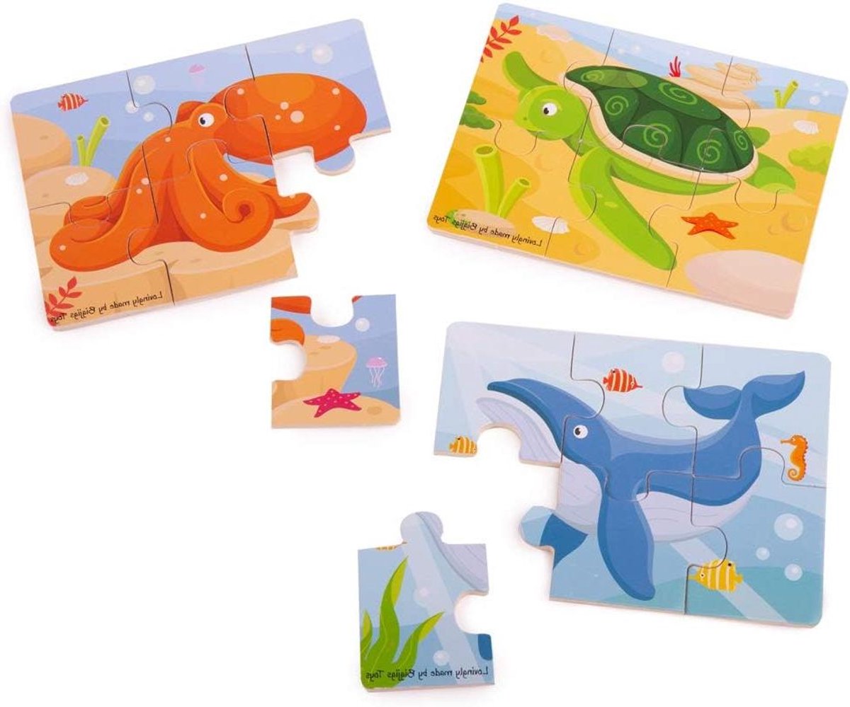 Houten Puzzels Set - Legpuzzels Oceaan - Kinderen Leren Spelen - Dikke Houten Stukken - 3 Puzzels - Multicolor