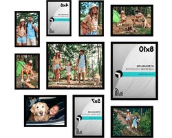 Americanflat Set van 10 zwarte fotolijsten, collage muurdecoratie - galerij muurframeset met twee lijsten van 8 x 10, vier 5 x 7 en vier frames van 4 x 6 cm, onbreekbaar glas, hangende hardware en