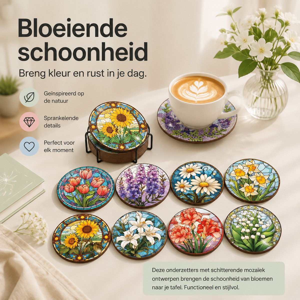 BOTC Diamond Painting - Onderzetters met Houder - Set van 8 - Pakket Volwassenen en Kinderen - Cadeau — afbeelding 7