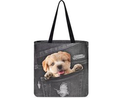 Belidome Boodschappentassen Canvas Handtas Tote Herbruikbare Dubbelzijdige Printing Pouch Boodschappenkrat, Hond Pocket, Eén maat