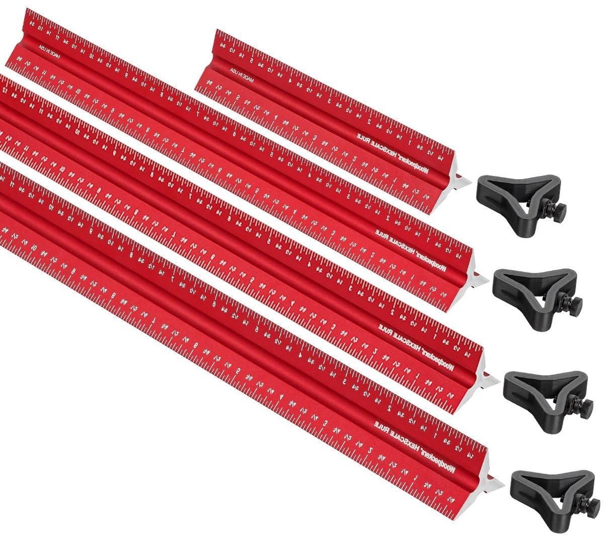 Zesijdige Meetlat - Meetliniaal Houtbewerking - Precisie Meten - Inclusief Stop - 300 mm - Rood