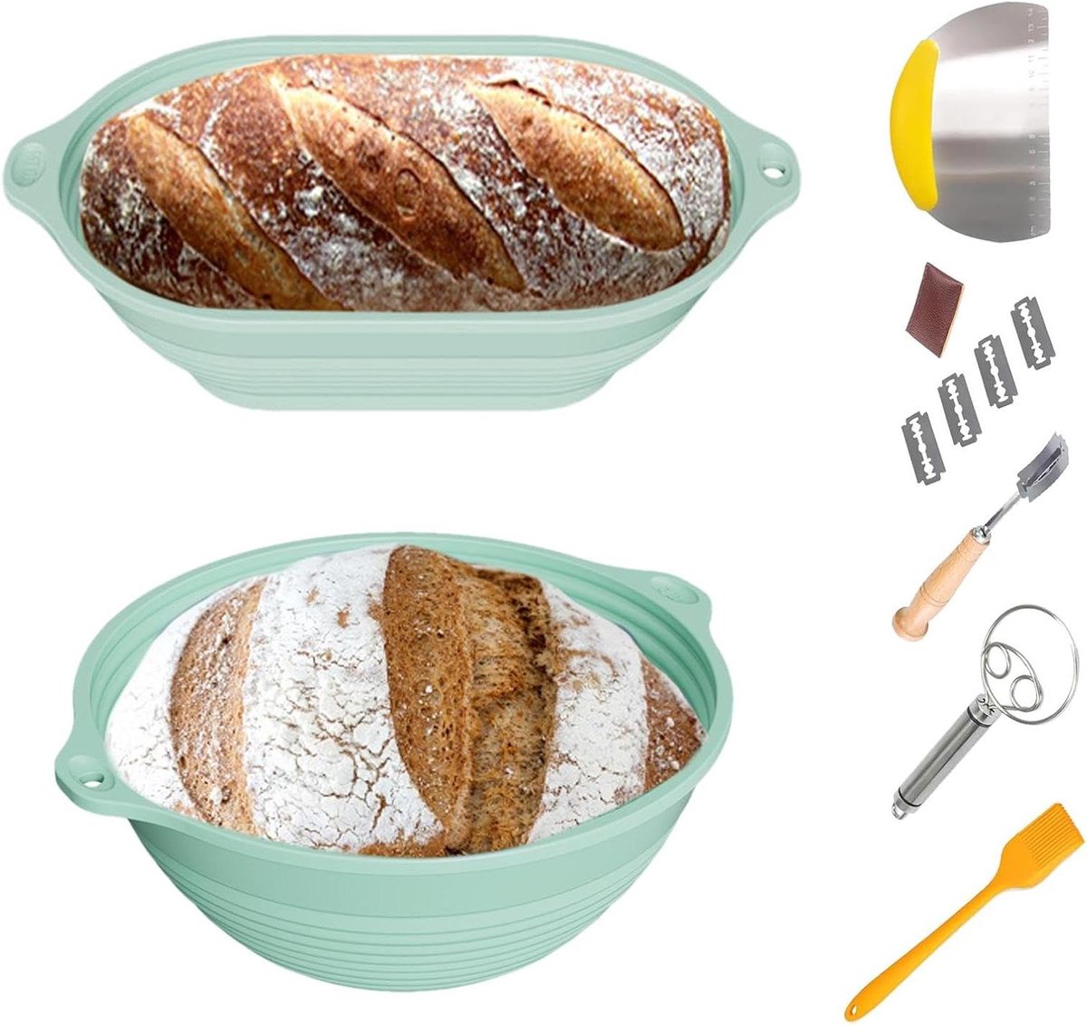 Brood Mand - Rijsmandje Bakvorm - Brood Bakken - Inklapbaar Ontwerp - 2 Bakvormen - Lichtgroen