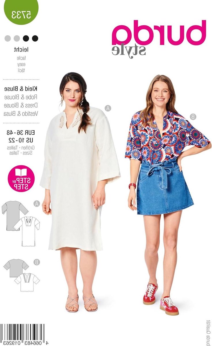 Naaipatroon Jurk Blouse - Kleding Patroon - Zelf Kleding Maken - Met Borduur Optie - Maat 36-48 - Wit
