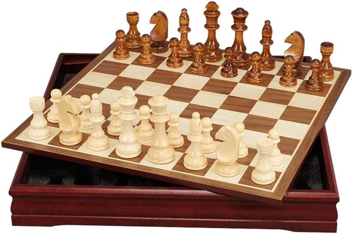 Houten Schaakspel - Schaakbord Stukken - Familie Spel - Ingebouwde Opbergruimte - 45cm - Natuurlijk Hout