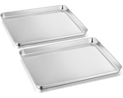 Baking tray set of 2 - Stainless steel 40.5 x 30.5 x 2.5 cm - Large oven tray for baking, cooking, and serving - High gloss and rustproof - Non-toxic and healthy - Dishwasher safe