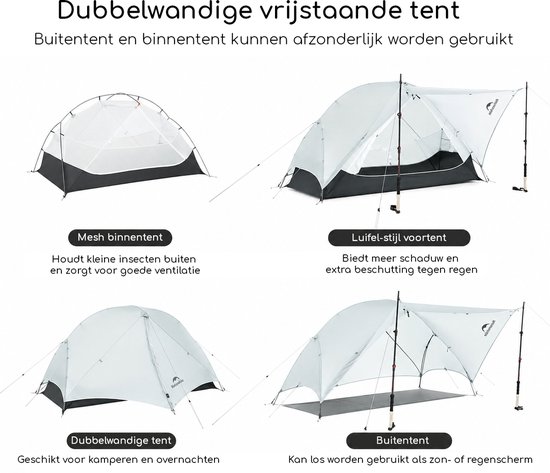 Naturehike Mongar UL 1 - 1-persoons ultralichtgewicht tent - Incl. grondzeil - 15D 1500MM - 3-seizoenen koepeltent - Waterdichte trekkerstent & kampeer tent - Grijs van Merkloos — afbeelding 4