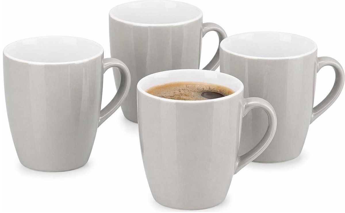 Vessia Design koffie mokken / bekers met oor - 4x stuks - lichtgrijs - keramiek - 410 ml - servies - kopjes