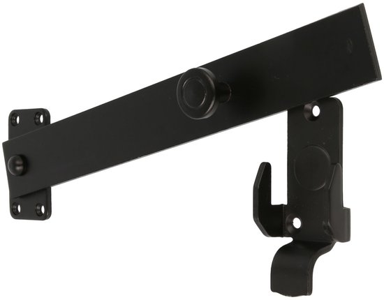 Zwarte, metalen poortvergrendeling met ronde knop en haak op een witte achtergrond.