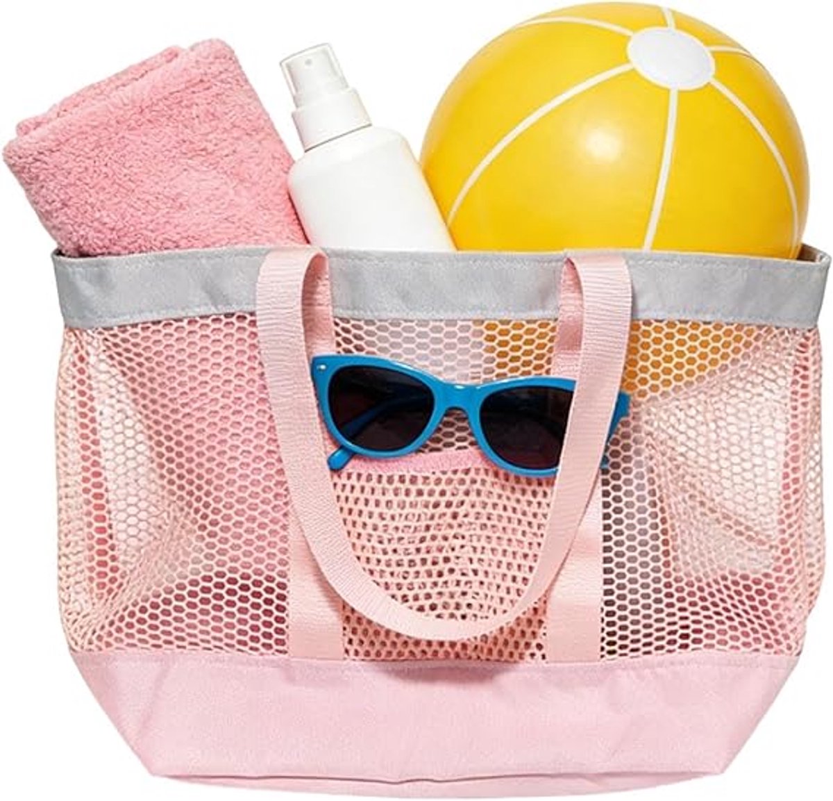 Strandtas - Mesh Tote Bag - Ruime Handtas - Reisorganizer - Casual Strandtas - Ideaal voor Reizen, Kamperen, Vakanties en Zomershoppen - 34*21*31 cm - Roze