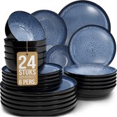 24-delig servies voor 6 personen, met blauwe borden en zwarte kommen, 6 stuks per item.