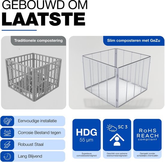 Vergelijking van traditionele composteren met een metalen kooi en slim composteren met een GeZu kooi.