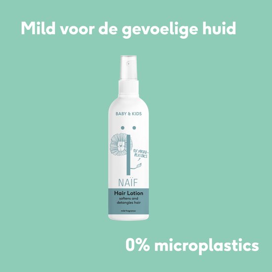 Naïf Haarlotion met een leeuwenillustratie en de tekst '0% microplastics'.