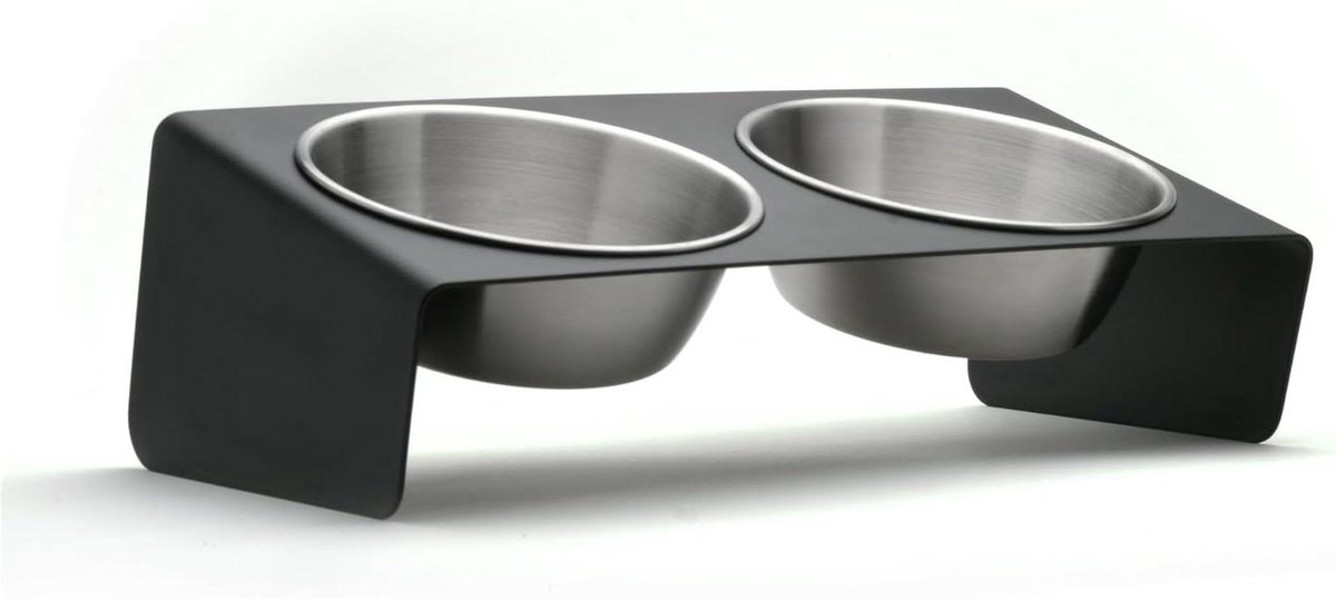 Verhoogde Voerbak - Honden en Kattenbak - Comfortabel Eten - Inclusief 2 RVS Bakjes - 240 ml Per Bakje - Zwart