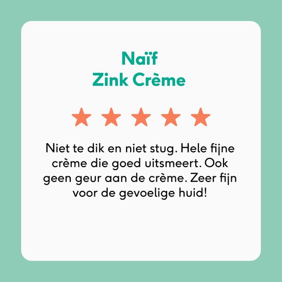 Naïf Zinkcrème review met 4 van de 5 sterren. Tekst beschrijft de crème als niet te dik en zonder geur.
