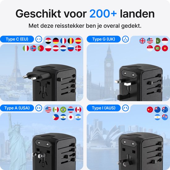 Voomy Reisstekker 170+ landen - Universele Wereldstekker - 1 USB-C & 3 USB-A - Reisadapter Wereld Engeland (UK), Amerika (USA), Australië, Zuid Amerika, Afrika, Italië, Thailand - zwart