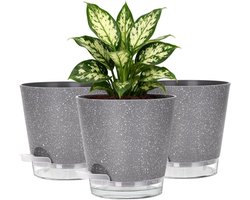 15 cm Grijze Plantenpotten met Stippen - 6 Stuks Plastic Bloempotten met Schotels en Drainagegaten voor Kamerplanten, Balkon en Buitentuin