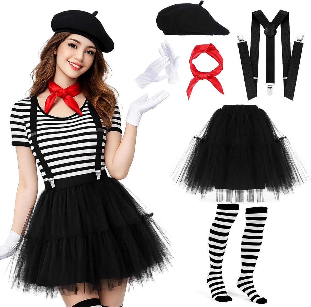 Carnaval Mime Kostuum voor Dames met Zwarte Tutu Rok, Beret, Steunkousen en Rode Sjaal voor Cosplay en Mardi Gras Feestjes