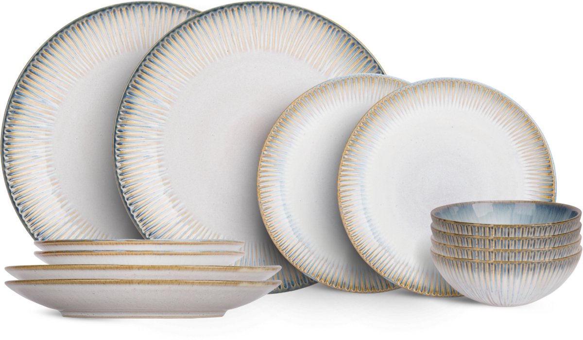 Cosy & Trendy Serviesset 12-delig Listra Blauw/Wit - 4 Personen - Aardewerk - Vaatwasser-, Magnetron- & Ovenbestendig