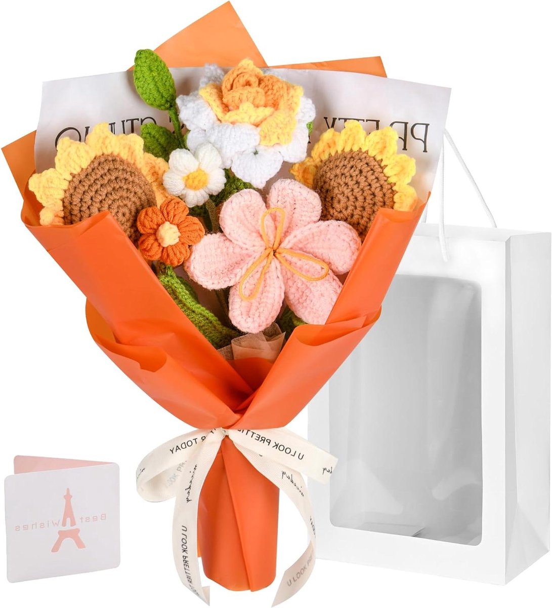 Haakbloemen Boeket - Handgemaakte Decoratie - Woonkamer Aankleden - Eeuwige Kleuren - 35cm Hoog - Oranje