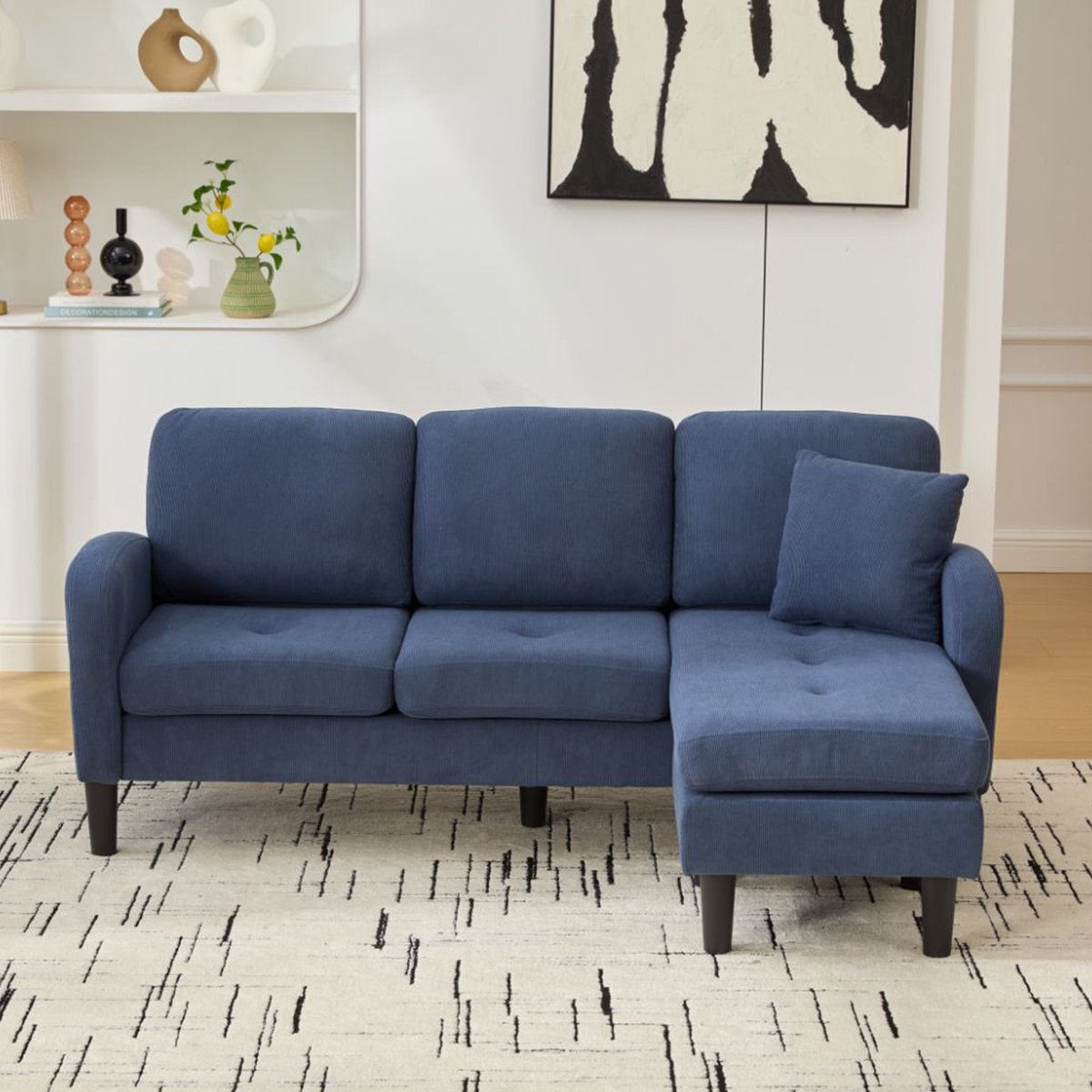 MODFU Hoekbank - Modulair Met Verplaatsbaar Liggedeelte - Modern - Voor Woonkamer - Ribstof En Schuim - Blauw - 166 X 118 X 77 Cm