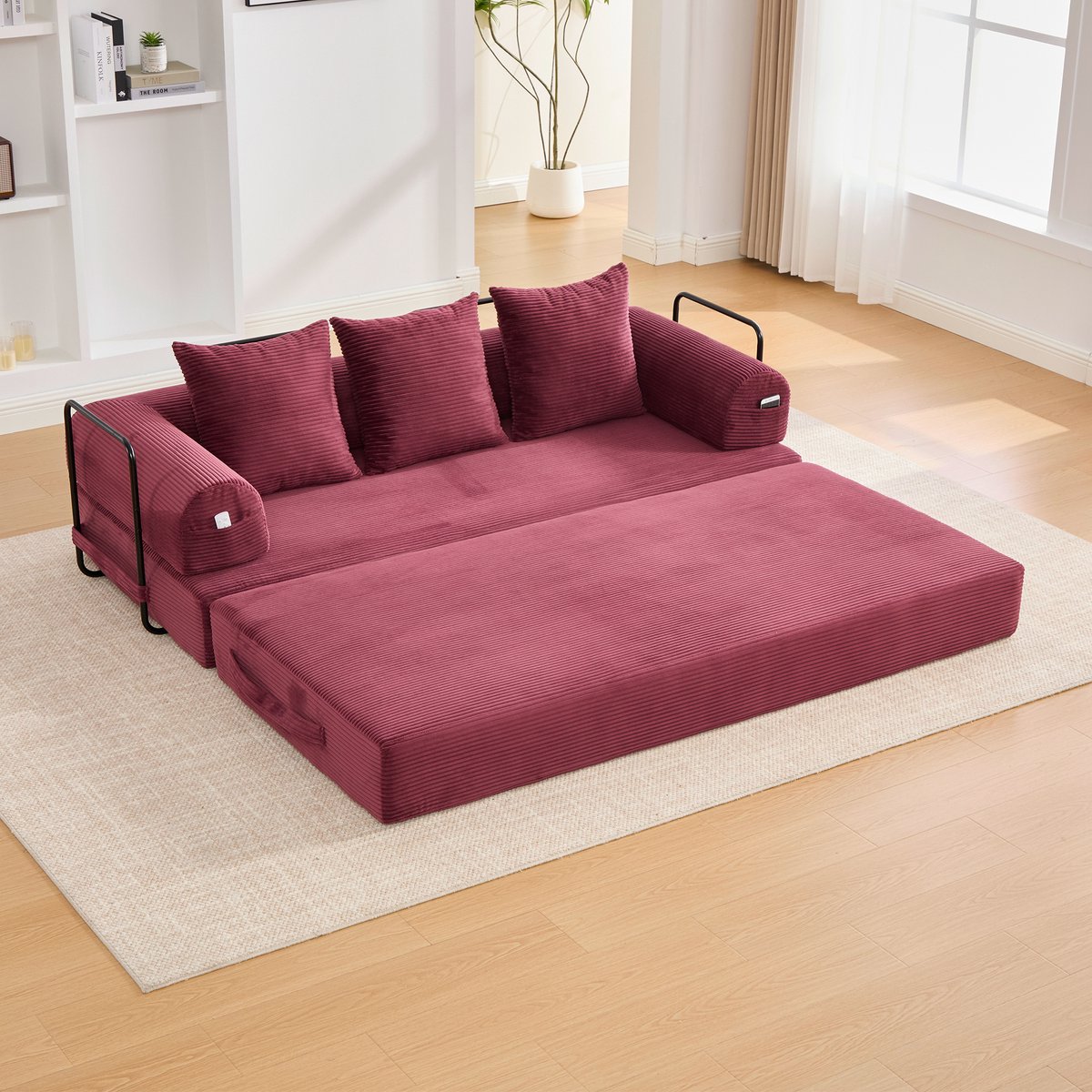 MODFU - Modulaire Bank - Met Zijvak En 3 Kussens - Modern - Voor Woonkamer - Metaal En Ribstof - Wijnrood - 200 x 94 x 67 cm
